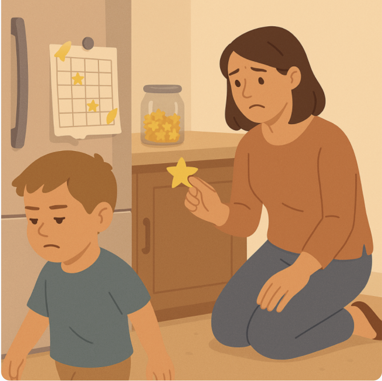 Parent crouching down to comfort their upset child
